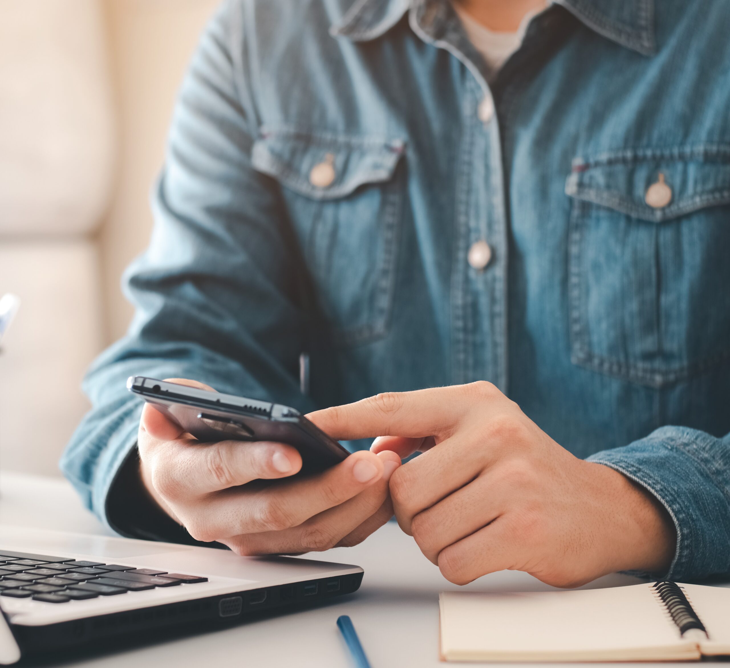 Work using mobile phone typing computer mobile chat laptop contact us at workplaces, planning ideas investors internet searching, ideas connecting people.